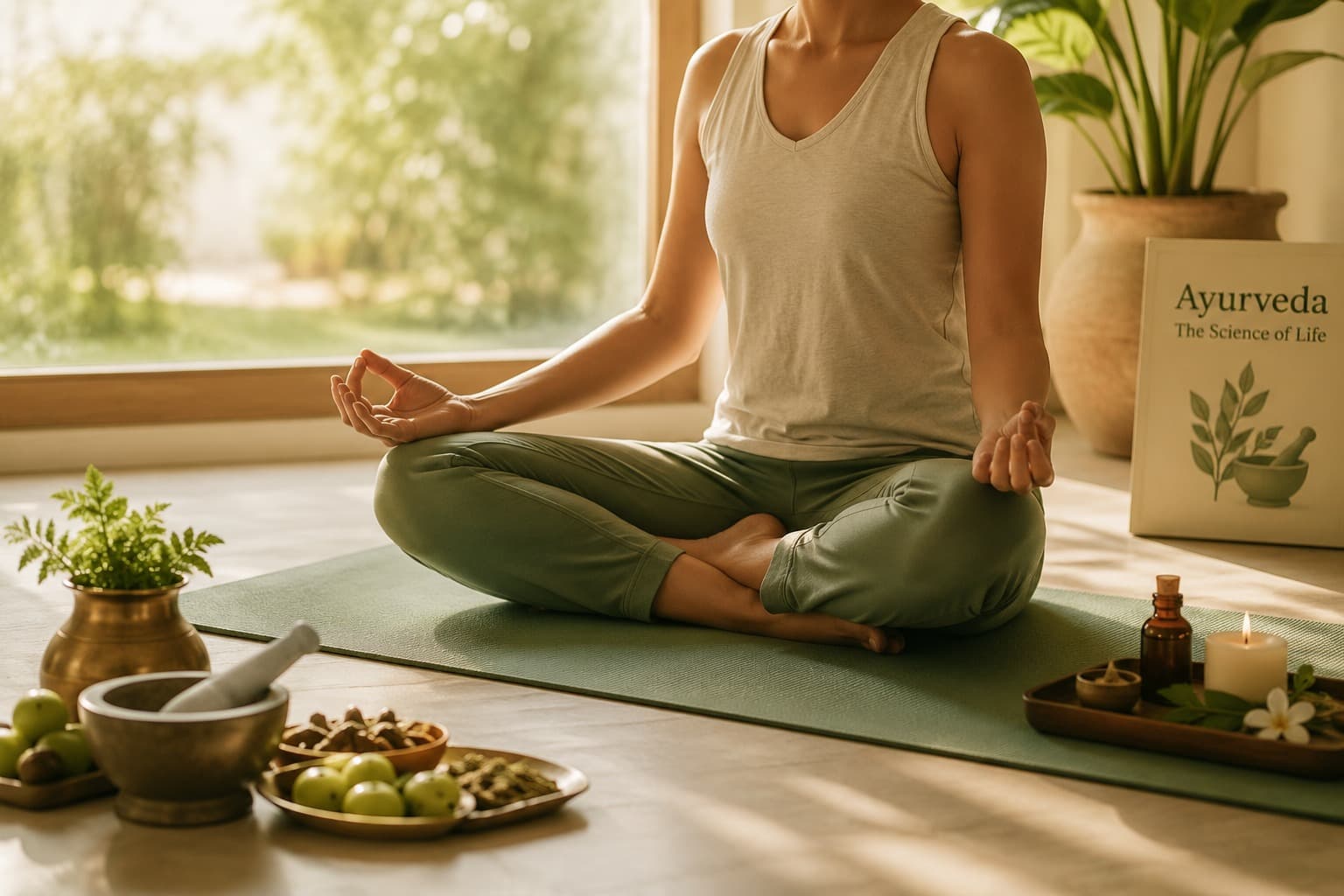 Person practicing Ayurvedic wellness and healthy living
