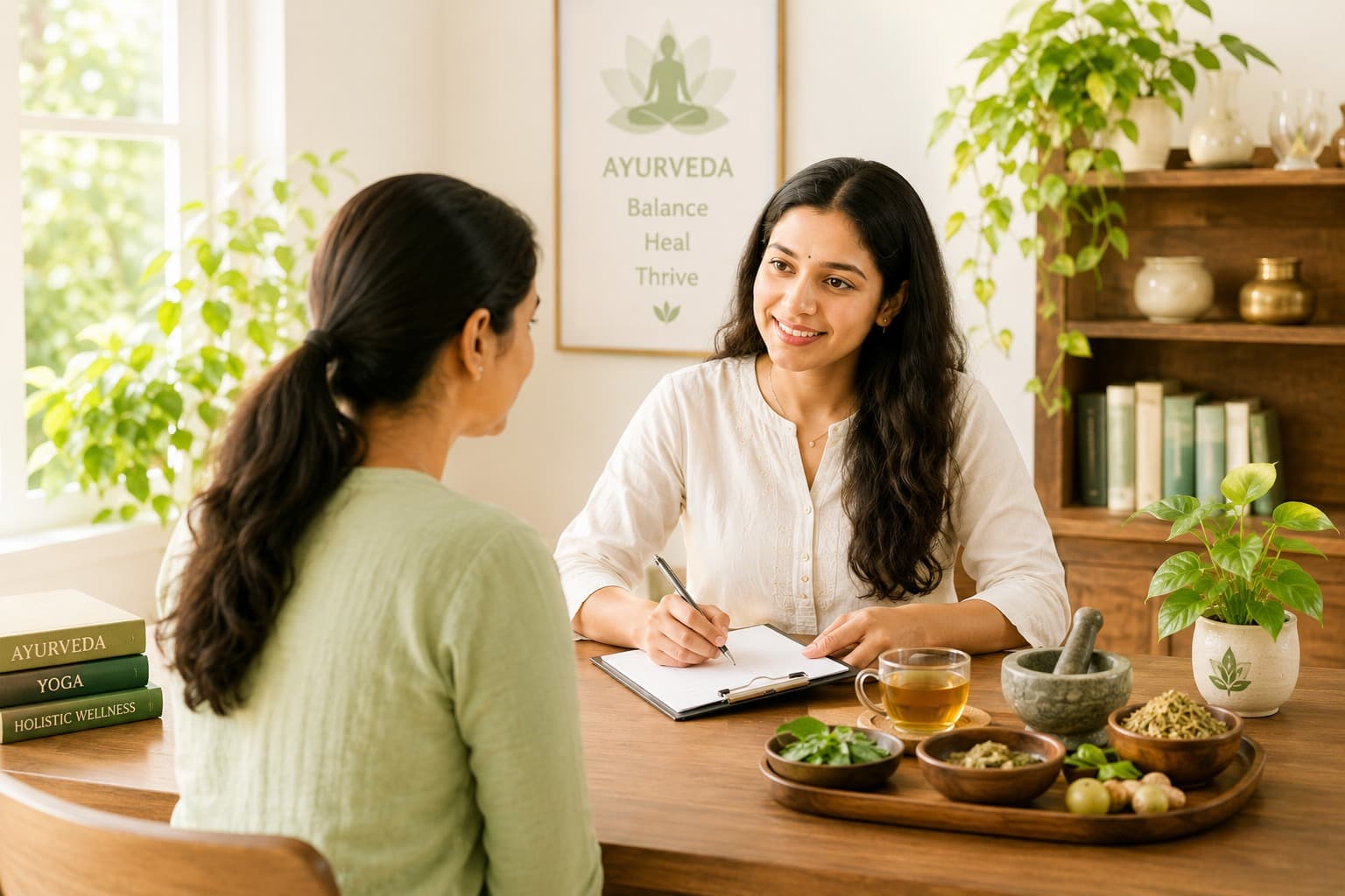 Wellness practitioner conducting an Ayurvedic consultation